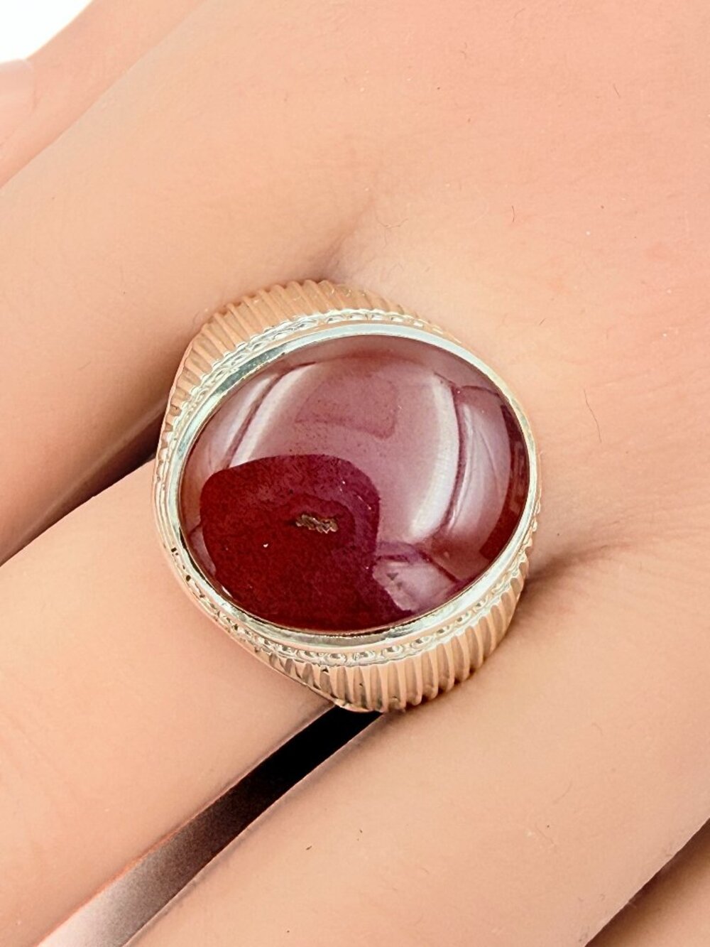 Vintage Sterling Silver Carnelian Textured Ribbed Signet Band Ring Sz 12.5